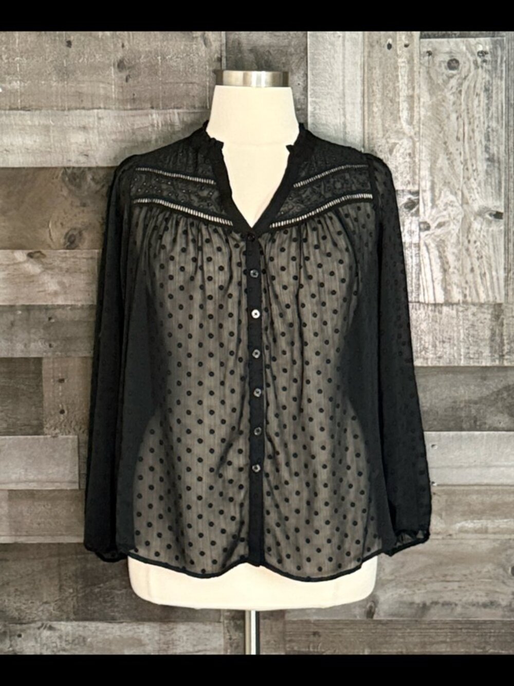 Torrid 0 sheer black button up shirt polka dot eyelet lace dark feminine boho
